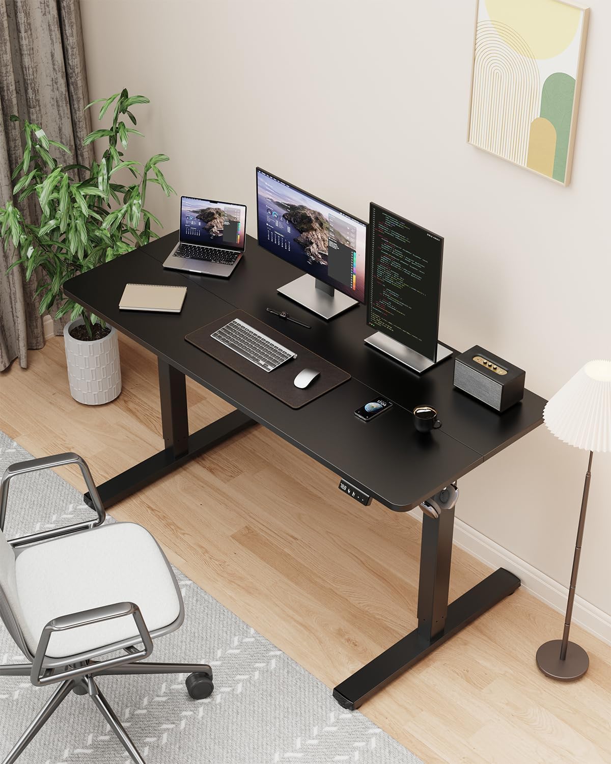 Electric Standing Desk, Large Height Adjustable Stand up Desk, 48 x 24 Inches Sit Stand Home Office Desk, with Splice Board, Black Frame/Black Top