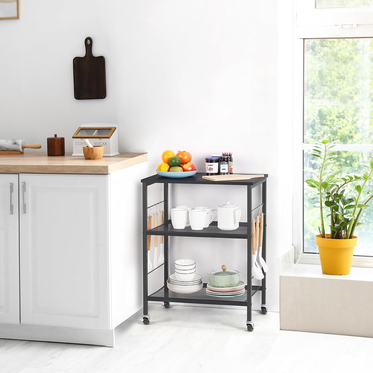 LIANTRAL Rolling Cart, 3-Tier Utility Microwave Bar Coffee Cart Kitchen Storage Shelf On Wheels, Black Large Side End Table Nightstand for Home Office