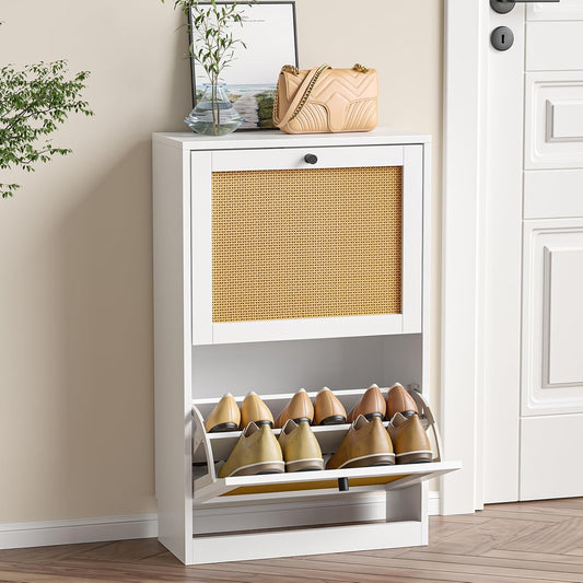 Shoe Storage Cabinet for Entryway with 2 Flip Drawers, Narrow Wood Shoe Cabinet with Rattan Panel, Freestanding Hidden Shoe Organizer for Foyer, Hallway, Small Space (White)