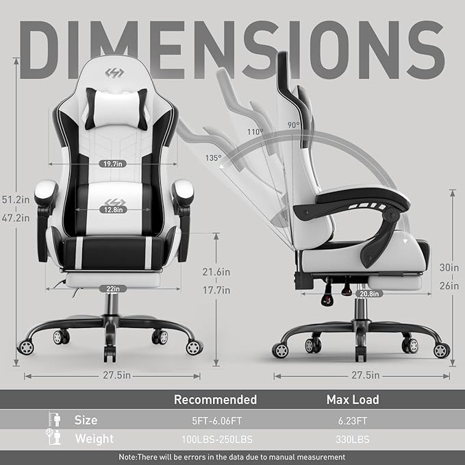 HLDIRECT Gaming Chair, Ergonomic Video Game Seat with 360° Swivel & Lumbar Massage, Computer Chair PU Leather Cushion for Adults Home/Office Use (Black & White)