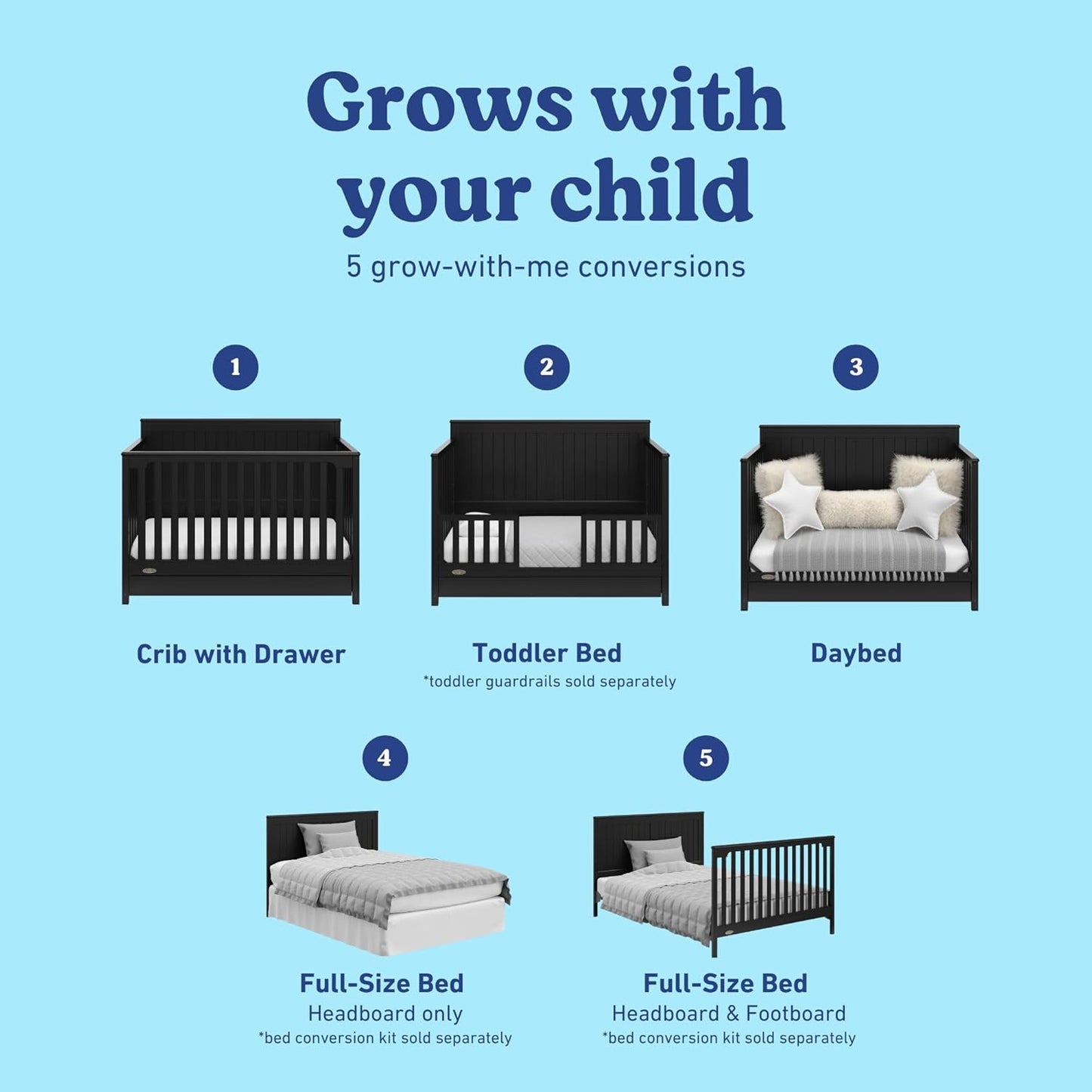 Graco Hadley 5-in-1 Convertible Crib with Drawer (Black) – Combo, Includes Full-Size Nursery Storage, Converts from Baby Crib to Toddler Bed, Daybed