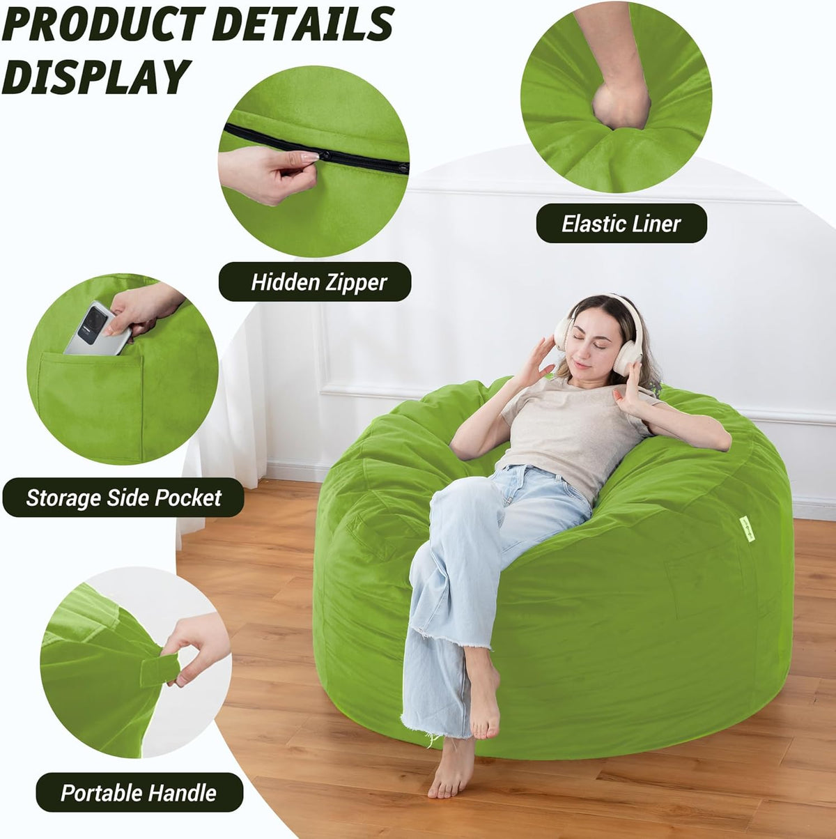 4FT Bean Bag Chair with Ultra Soft Velvet Cover Bean Bag Sofa with Memory Foam Bean Bag Chairs with Large Size Lazy Sofa for Dorm Office Living Room Bedroom Grass Green 4'