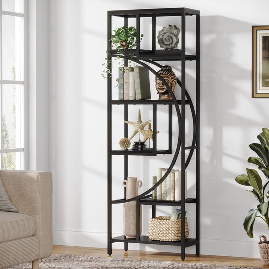 Geometric Bookshelf, 70.9" Tall Bookcase with 7-Shelf Open Shelves, Wood Metal Book Shelf Display Rack Storage Shelving Unit for Office, Bedroom, Living Room, Easy Assembly, Black