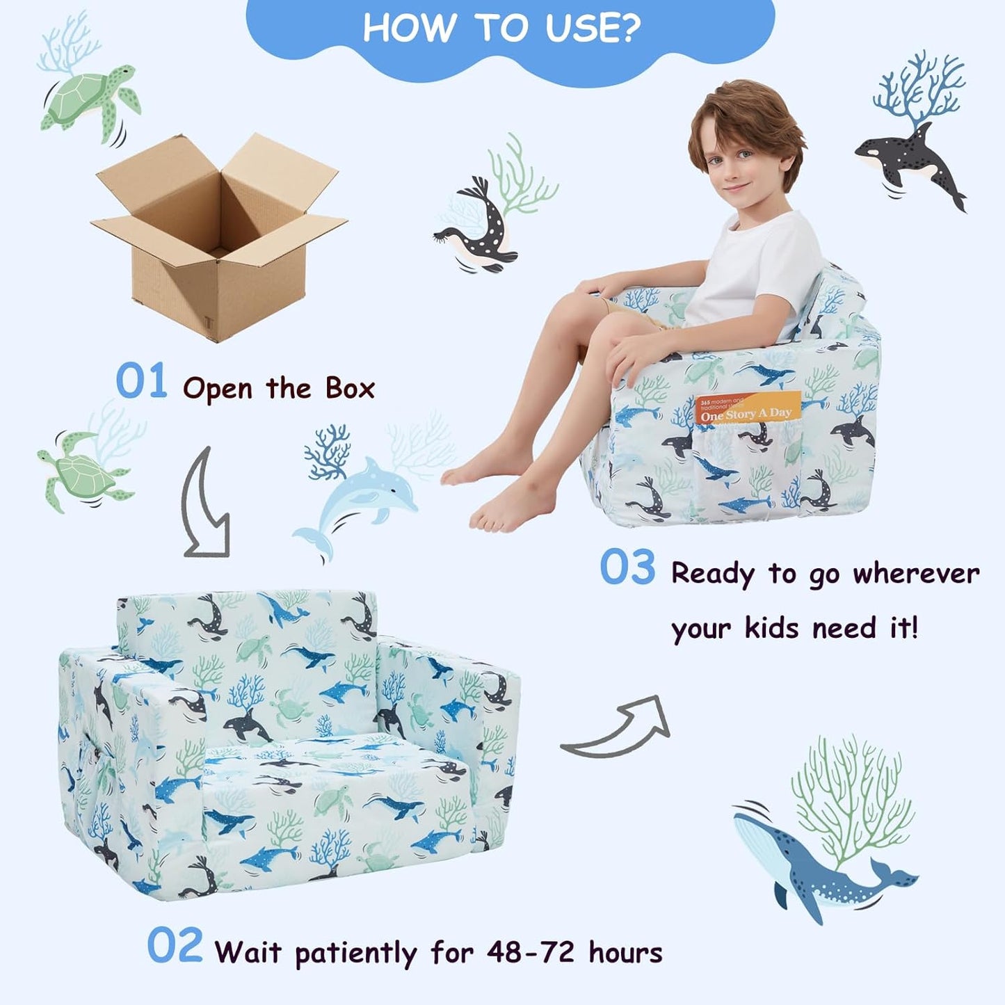 Viviland Kids Chairs for Toddler,2-in-1 Soft Toddler Couch Fold Out,Convertible Soft to Lounger Toddke Chair Comfy for Girls and Boys,Blue Whale