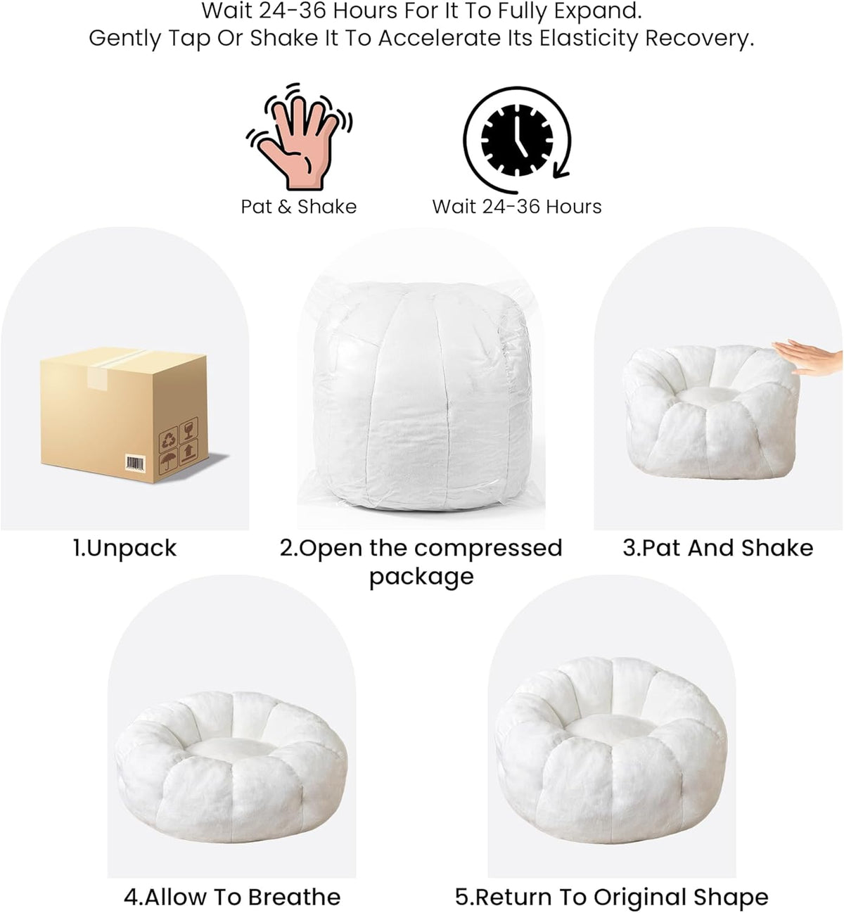 Bean Bag Chairs for Adults, Faux Fur Reading Chair with Petal Arm Rest Fluffy Comfy Chair for Bedroom, Living Room, Dorm, Game - White, Large, Low Support