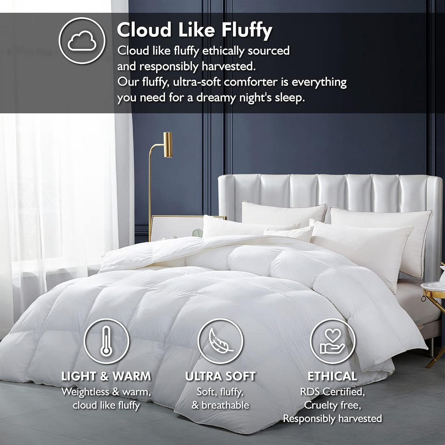 Luxurious White Solid Heavy Weight, Palatial King Size Goose Feathers Down Comforter for Winter Weather, 120 X 98 inches, Premium Baffle Box, 100% Egyptian Cotton Cover, 95 oz. Fill Weight