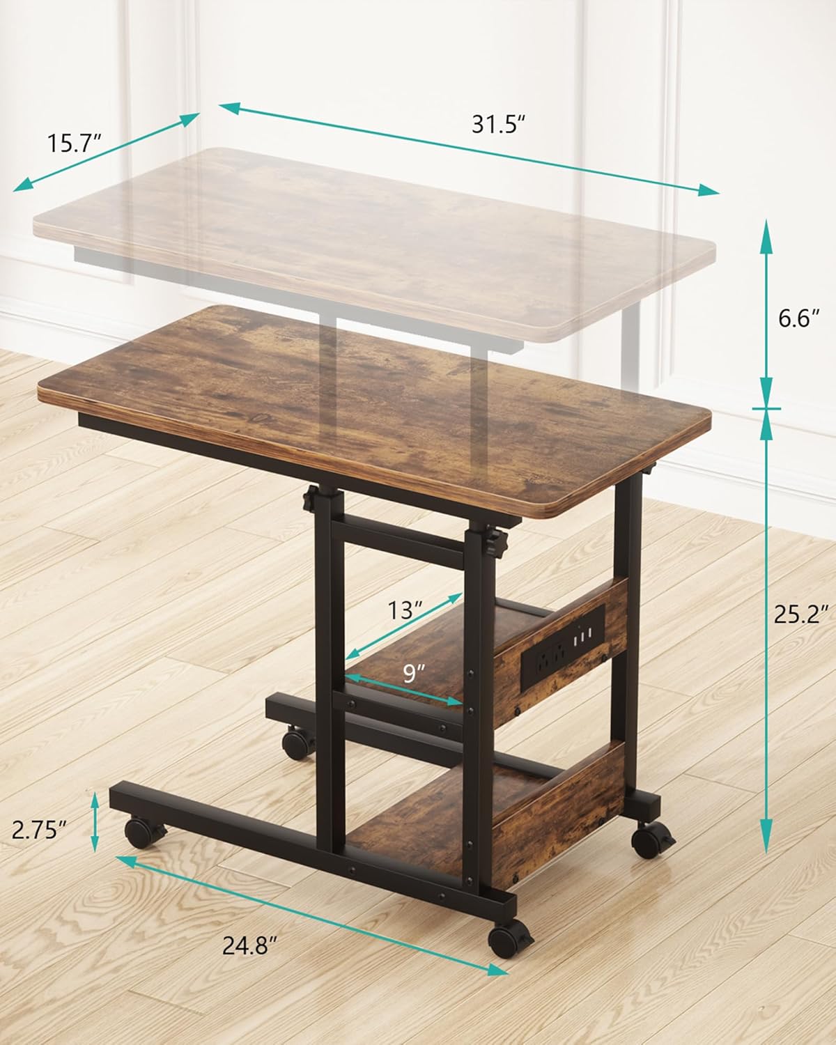 Height Adjustable End Table with Charging Station, Mobile C Shaped Laptop Side Table with Wheels, 3-Tier Sofa Couch Table with Storage Shelve for Living Room Bedroom, Rustic Brown