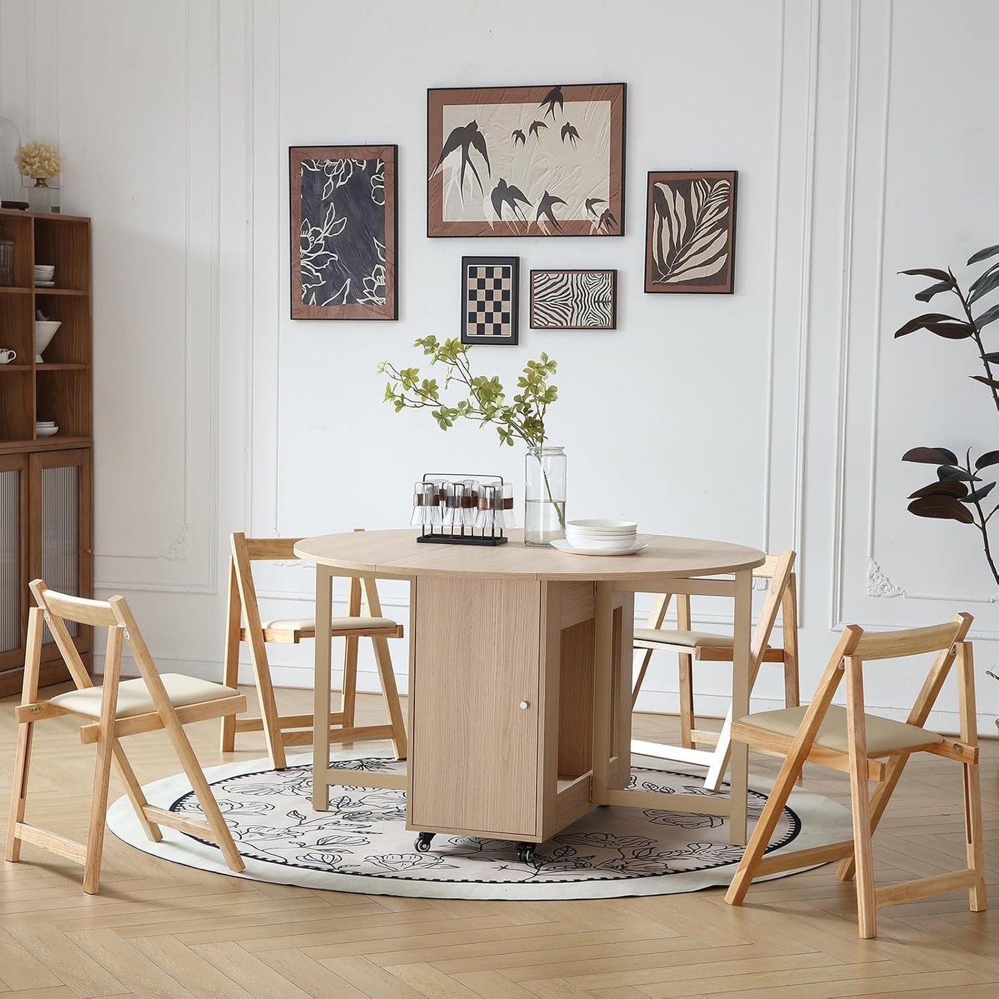 Wood Round Folding Dining Table with 4 Chairs, Solid Wood Folding Chair Set of 2, Space Saving Foldable Dining Table with 4 Chairs