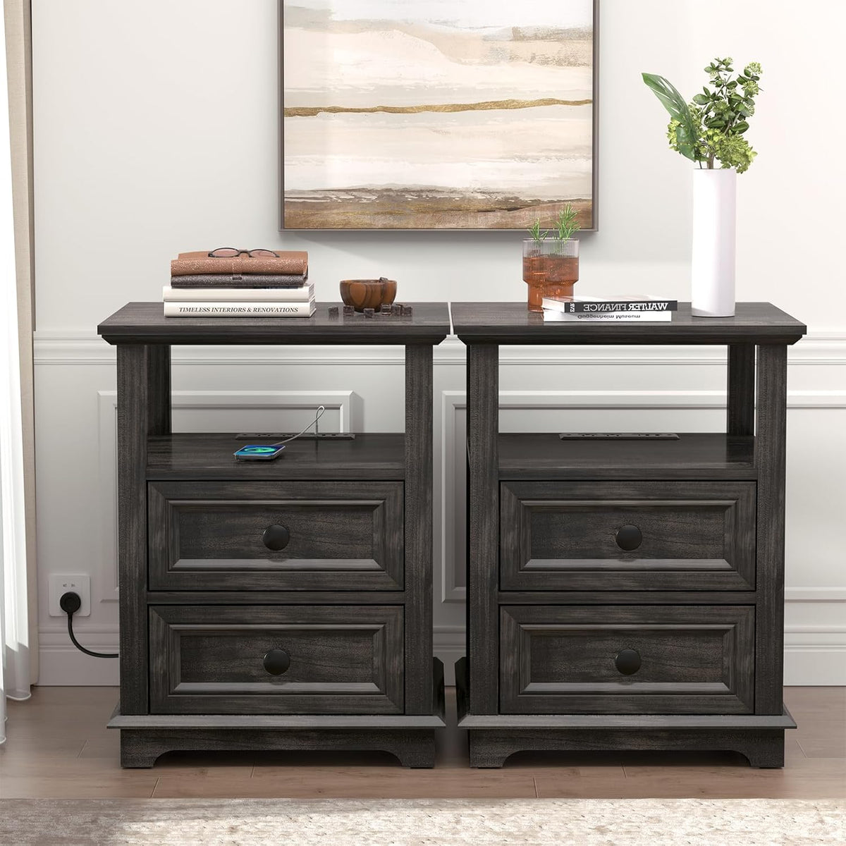 End Table with Fast Charging Station Set of 2, 18" Wide Sofa Side Table with Drawers, Large Storage Rustic Wood Square Storage Cabinet for Living Room