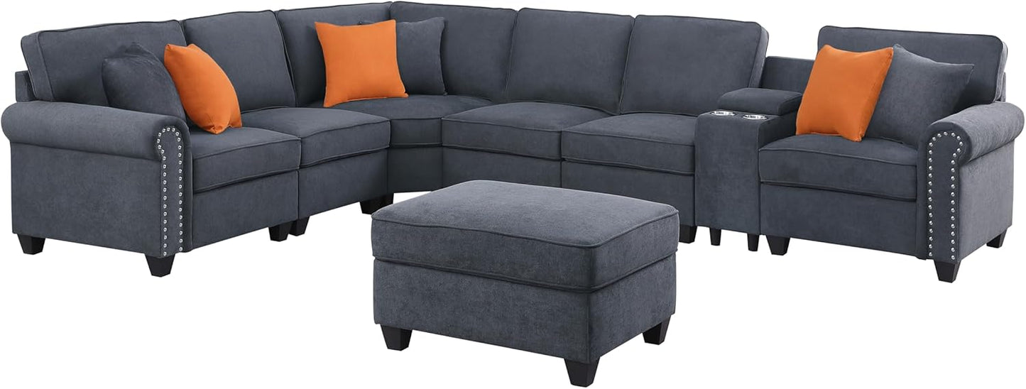 127" Modular Sectional Sofa with Movable Ottoman&Nailhead Trim Armrest,L-Shape Convertible Couch W/Cup Holder,USB Port&Hidden Storage Box,7 Seat Chenille Sectionals,6 Pillow,for Living Room,Gray