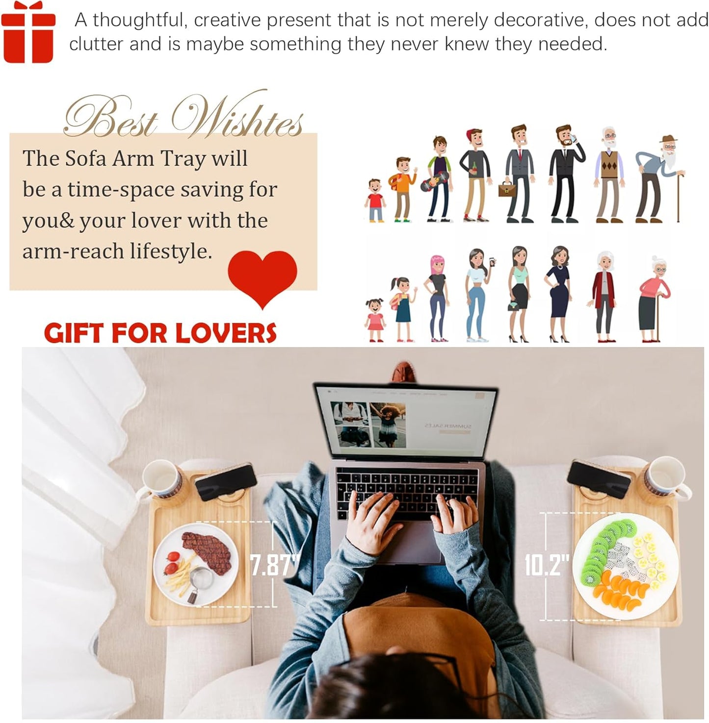 Nnewvante Couch Table on Arm,3 in 1 Large 15.36"x9.85" Bamboo Couch Cup Holder Sofa Arm Clip on TV Tray Table with 360°Rotated Phone/Cup Holder