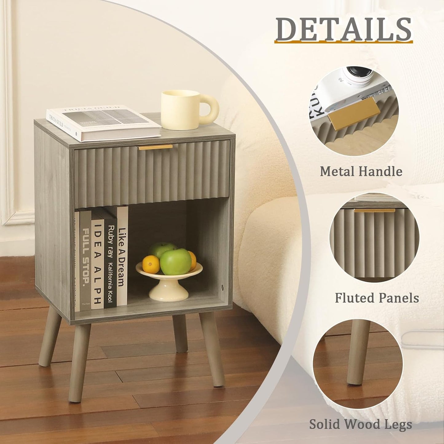 Grey Wood Nightstand with Charging Station, Modern Bedside Table with Fluted Drawers and Storage Shelf, End Side Tables Living Room for Bedroom, Office (Grey)