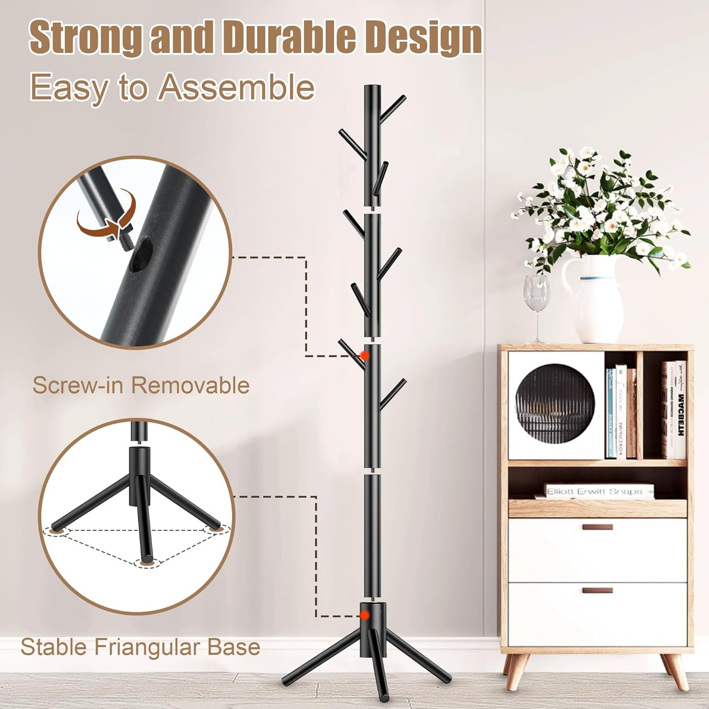 Wooden Coat Rack Stand, Freestanding Coat Rack with 8 Hooks, 3 Adjustable Size Coat Tree for Hats, Coats, Scarves bags, Coat Hanger Stand Used in Bedroom/Office/Entryway (Black)