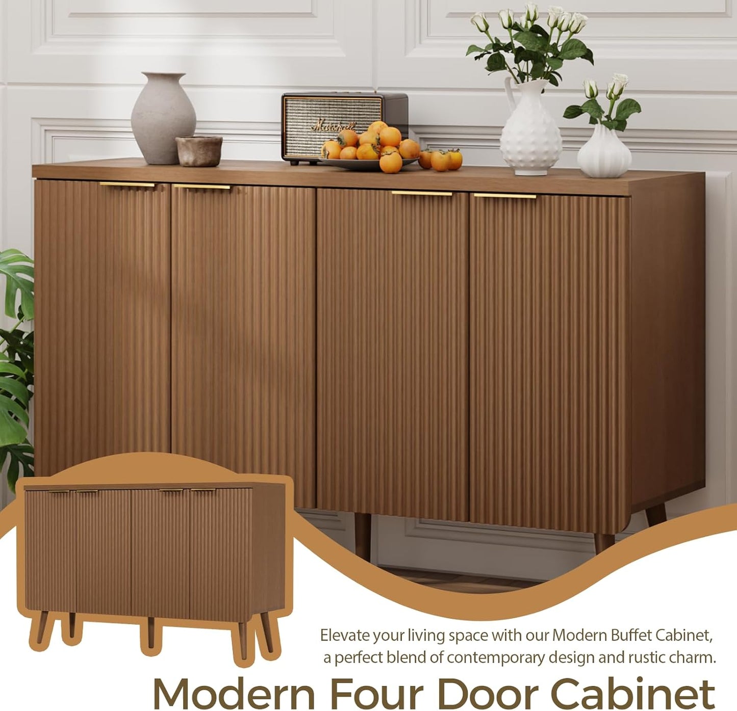 Fluted Buffet Cabinet – Modern Wood Sideboard with 4-Doors & Shelves, Multifunctional Storage Cabinet & Credenzas for Entryway, Dining & Living Room, Black