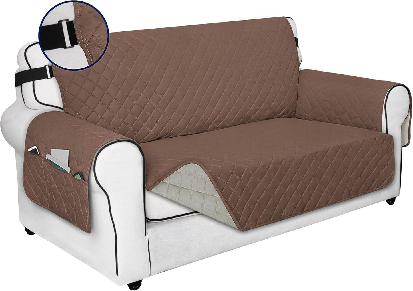 PureFit Reversible Sofa Cover Water Resistant Loveseat Couch Cover, Machine Washable Furniture Cover with Non-Slip Foam and Adjustable Strap for Dogs, Pets (Loveseat, Brown/Beige)