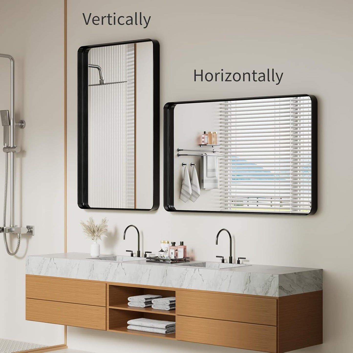 Koonmi Black Wall Mirror for Bathroom, 30x48 Inch Matte Deep Framed Rounded Rectangle Vanity Mirror for Farmhouse Living Room, Tempered Glass, Anti-Rust, Vertically or Horizontally