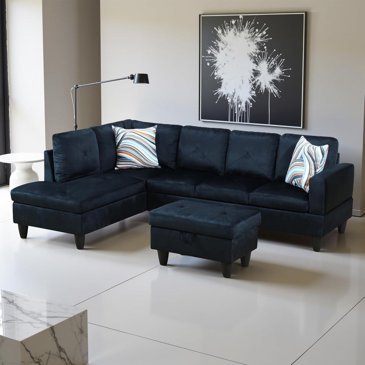 L Shaped Couch Modern Sectional Couch Upholstered Microfiber Fabric 3 Pieces Sofas for Living Room with Chaise, Storage Ottoman for Office and Small Apartment, Midnight Blue