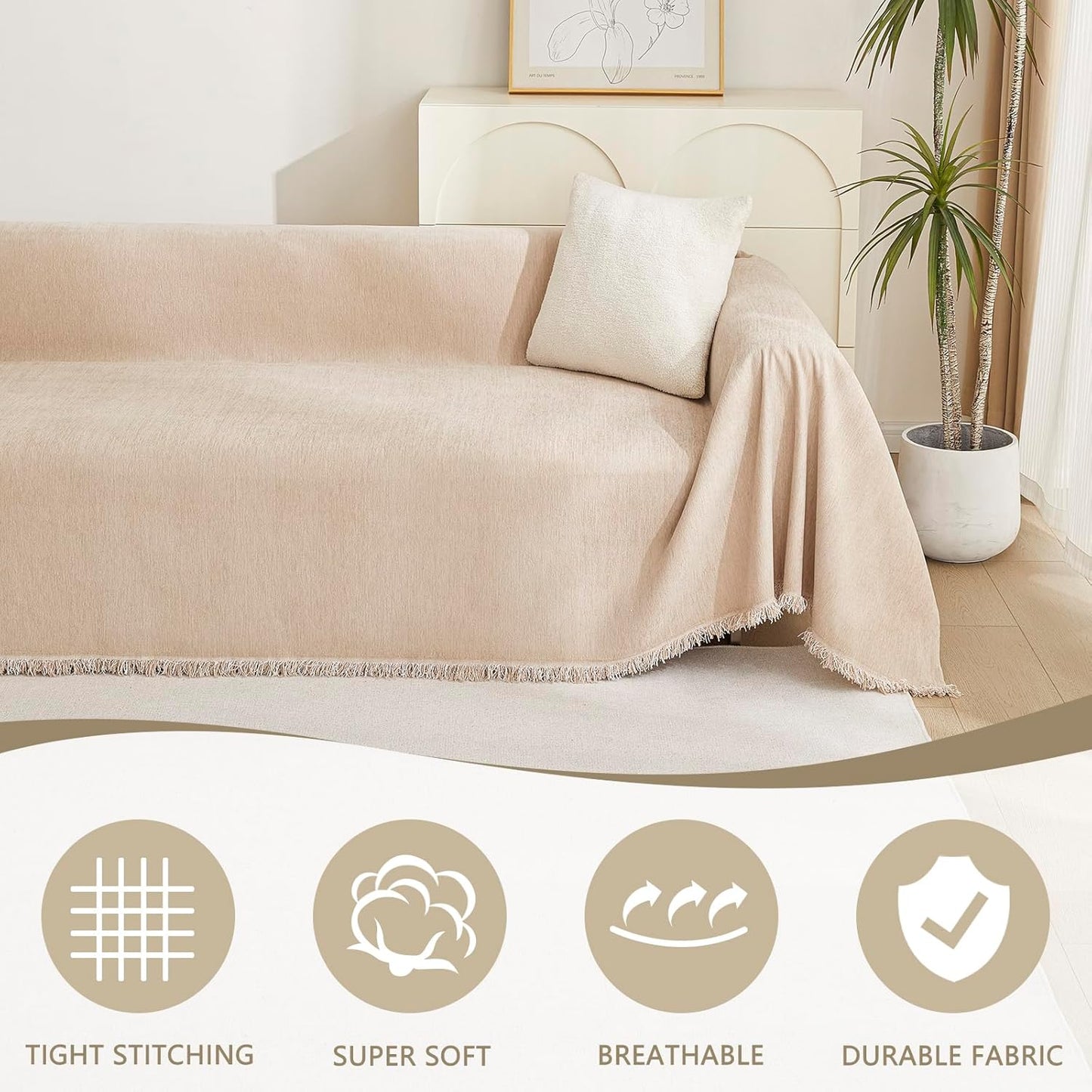 MYSKY HOME Couch Cover 3 Cushion Sofa With Tassel Chenille Slipcover for Sectional L Shaped Furniture, Dogs Protector, 71" X150", Khaki