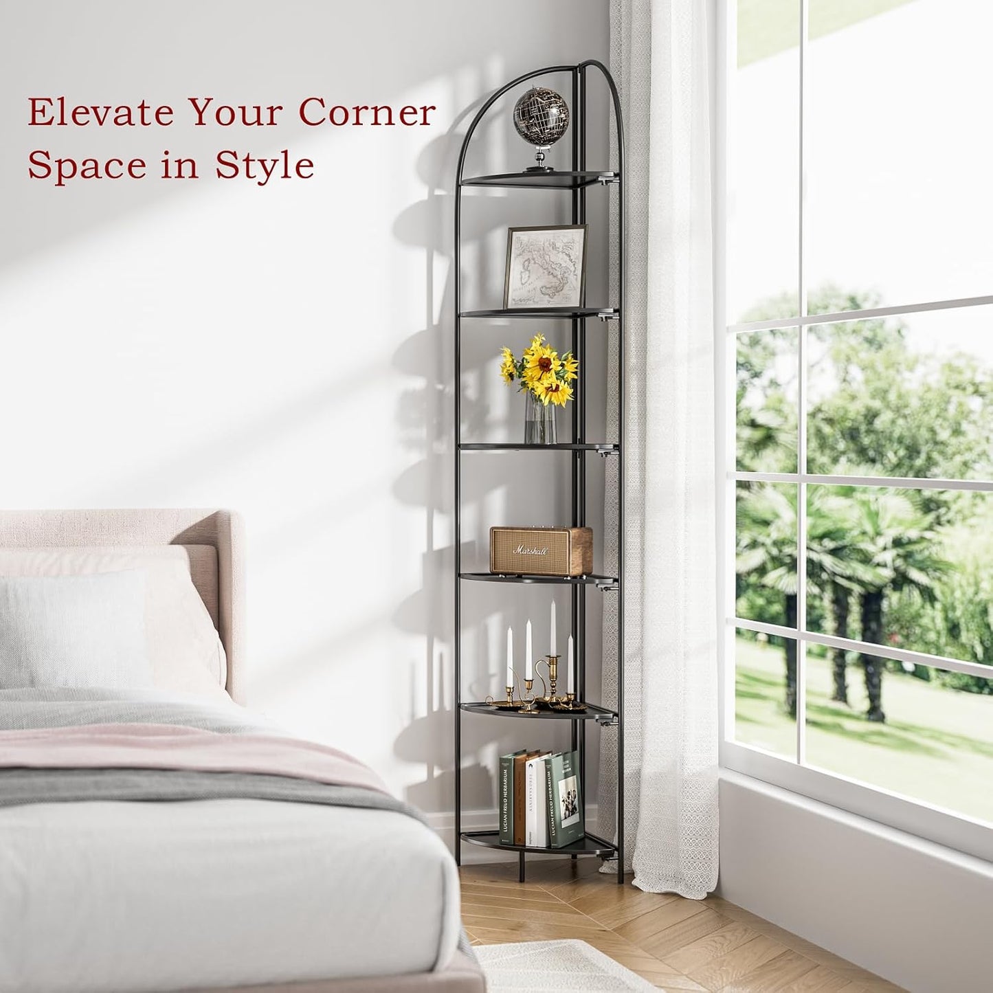 Crofy Foldable 6 Tier Corner Shelf, Metal Corner Plant Stand with Black Frame and Black Shelves, Corner Display Rack Multipurpose Shelving Unit for Living Room, Bedroom, Bathroom