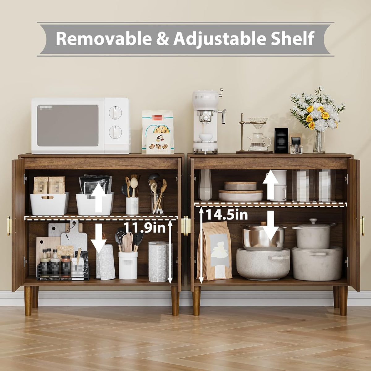 Sideboard Buffet Cabinet with Storage,Walnut Sideboard Buffet with Doors and Adjustable Shelf,Wooden Storage Cabinet, 31.3”W x 15.0”D x 30.6”H