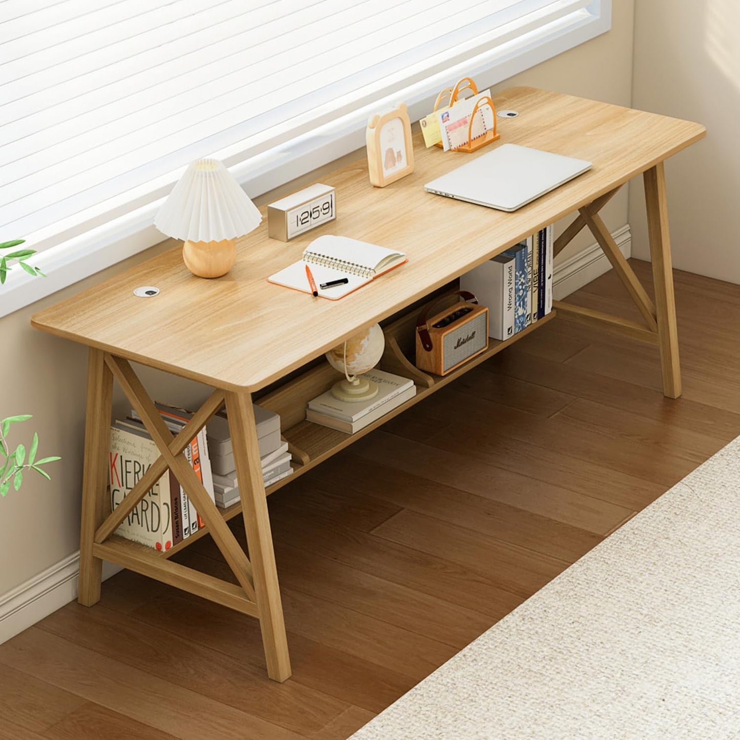 Extra Long Desk with Bookshelf - Wooden Home Office Work Study Table, 2-Person Writing Computer Workstation with Storage Shelf in Oak, 63" Wx20 Dx30 H