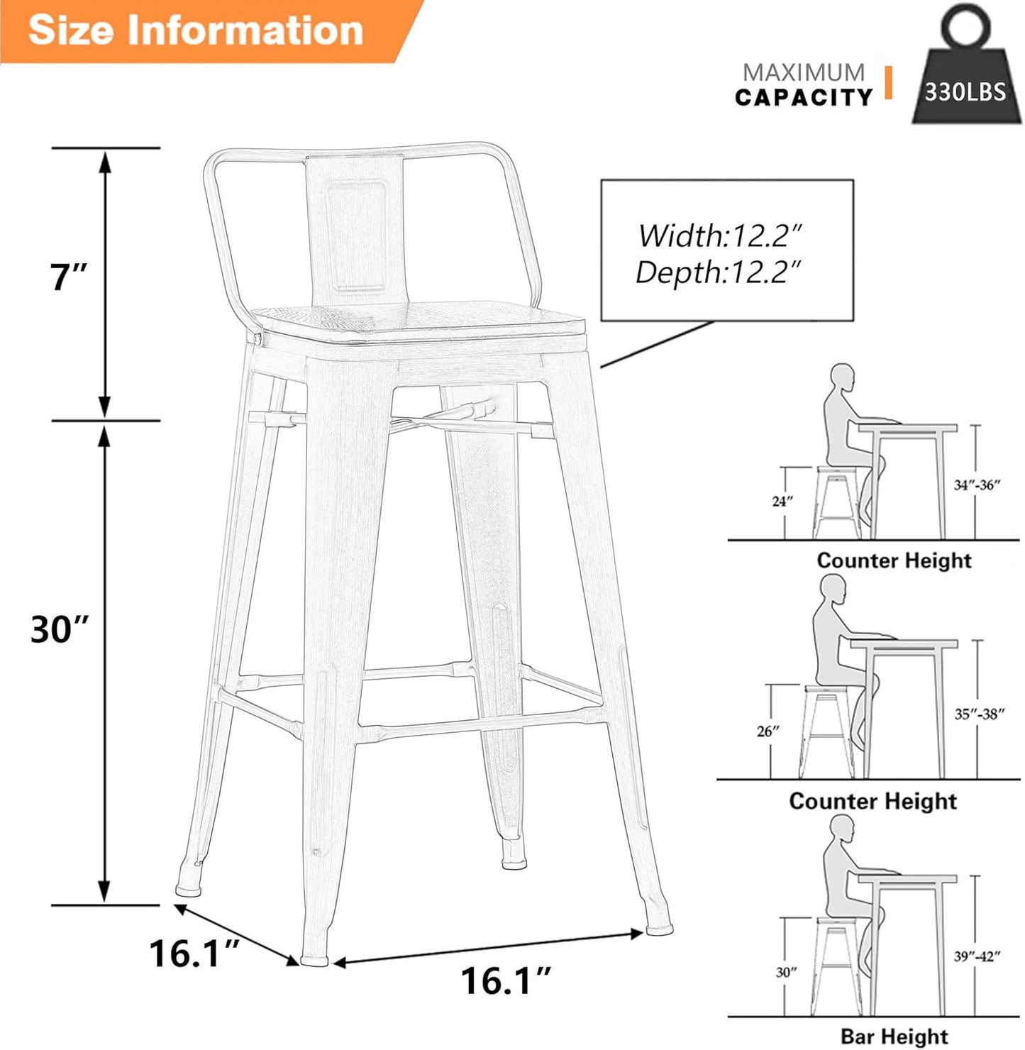 Yongchuang 30 inch Bar Stools Set of 4 Bar Height Metal Barstools with Wood Seat Low Back Kitchen Bar Chairs Silver