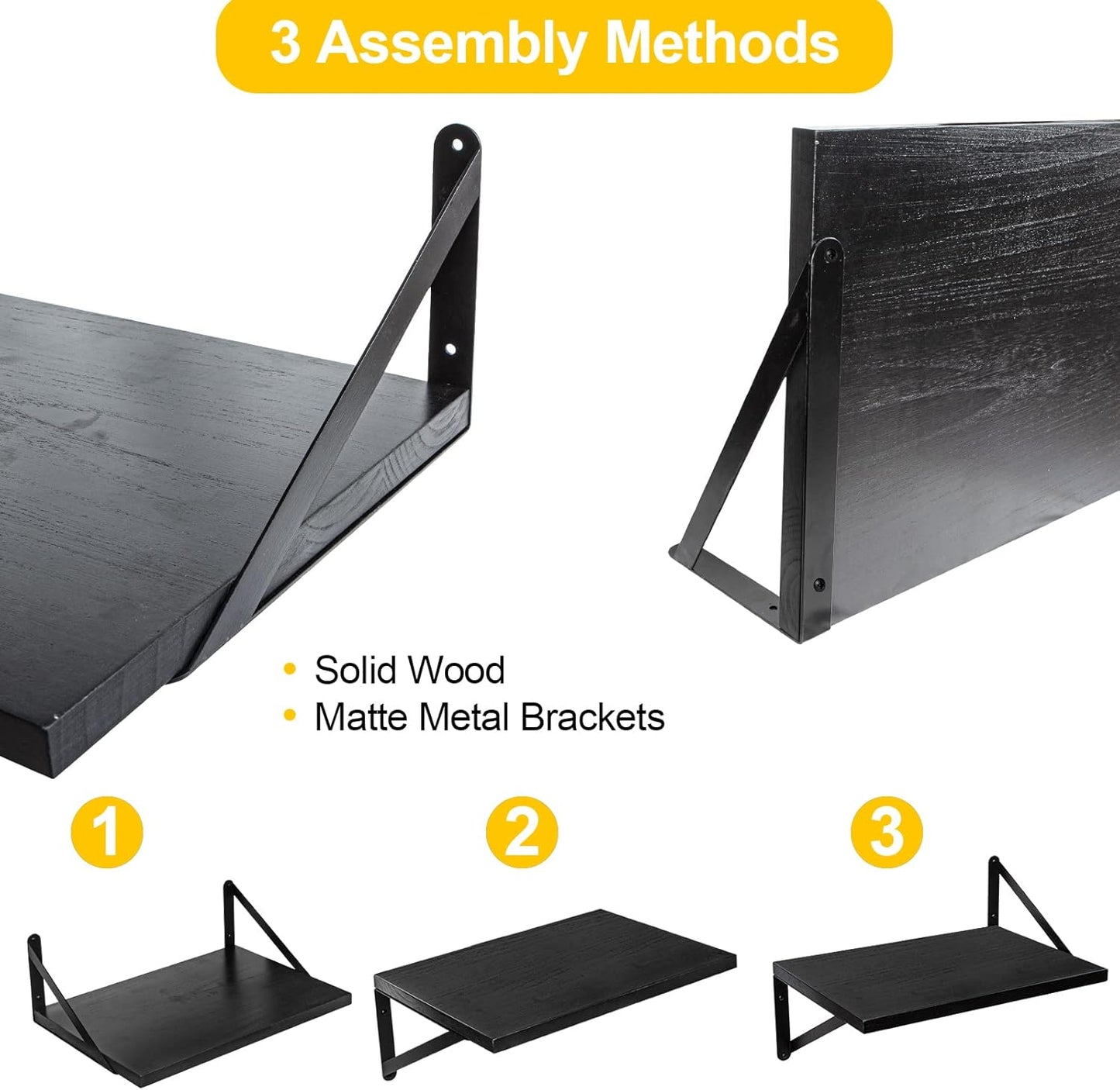 SAUMONIERES Floating Shelves Wall Bookshelf for Bedroom Bathroom Living Room Wood Wall Mounted Wide Deep Storage, Black Painted Wall Shelves Set of 2