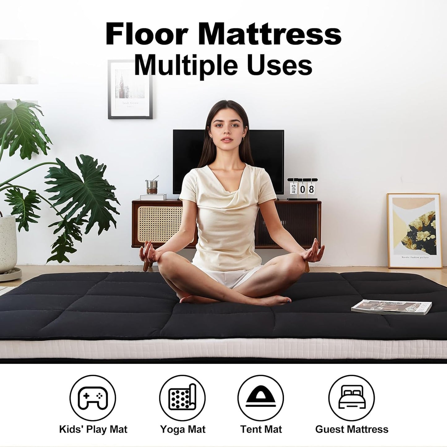 Tiita Queen Memory Foam Mattress Topper, 4" Thicken Futon Floor Mattress with Storage Bag and 2 Straps, Portable Roll Up Travel Car Camping Mattress Sleeping Pad, Black