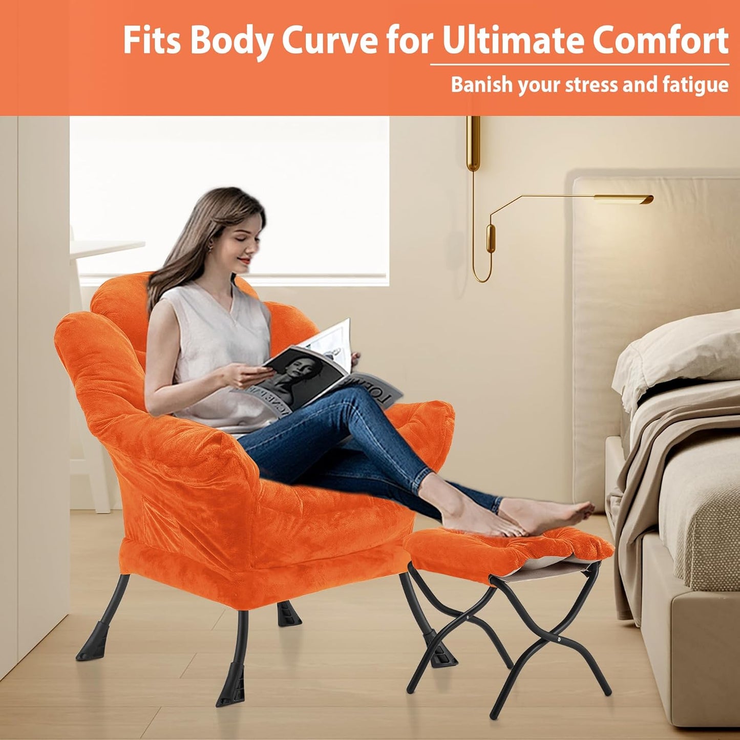 Lazy Chair with Folding Ottoman, Accent Chair Plush Upholstered with Metal Structure and Non-Slip Pads, Sofa Armchair with Footrest and Side Storage Bag for Dorm, Room, Office, Orange