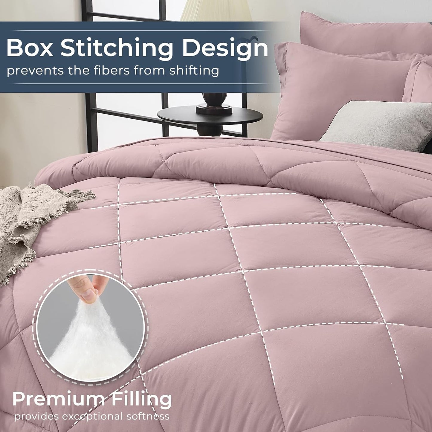 HEVUMYI Rose Gold Cali-King Comforter Set - 7-Piece All Season Bed in a Bag Cali-King, Ultra Soft Bedding Set with Comforter, Flat Sheet, Fitted Sheet, Pillowcases, Pillow Shams