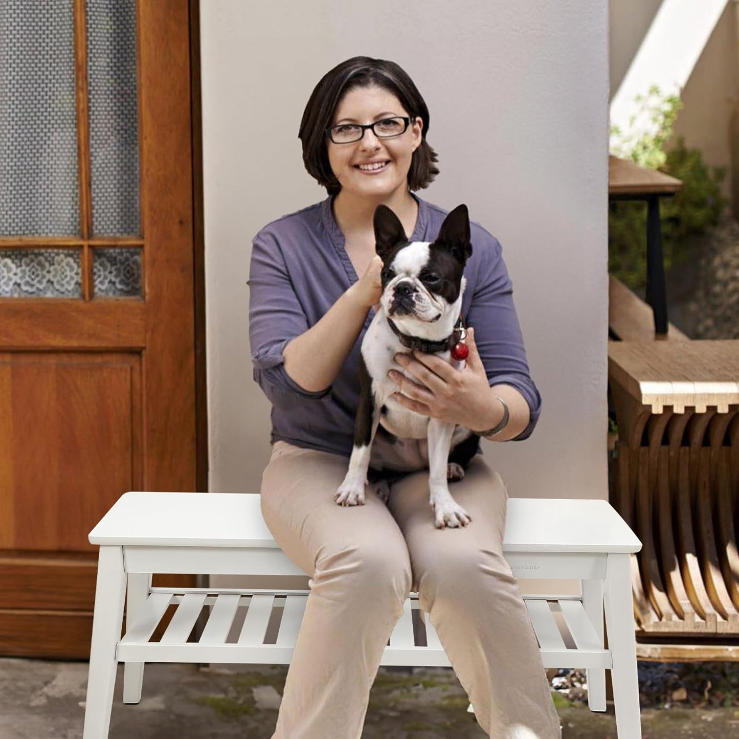 Nnewvante 33.46" Bamboo Dining Bench, 2 Tier Indoor White Storage Bench for Entryway, Outdoor Wooden Bench, Small Wood Benches for Front Porch, Living Room, Bedroom, Holds up to 300 lbs