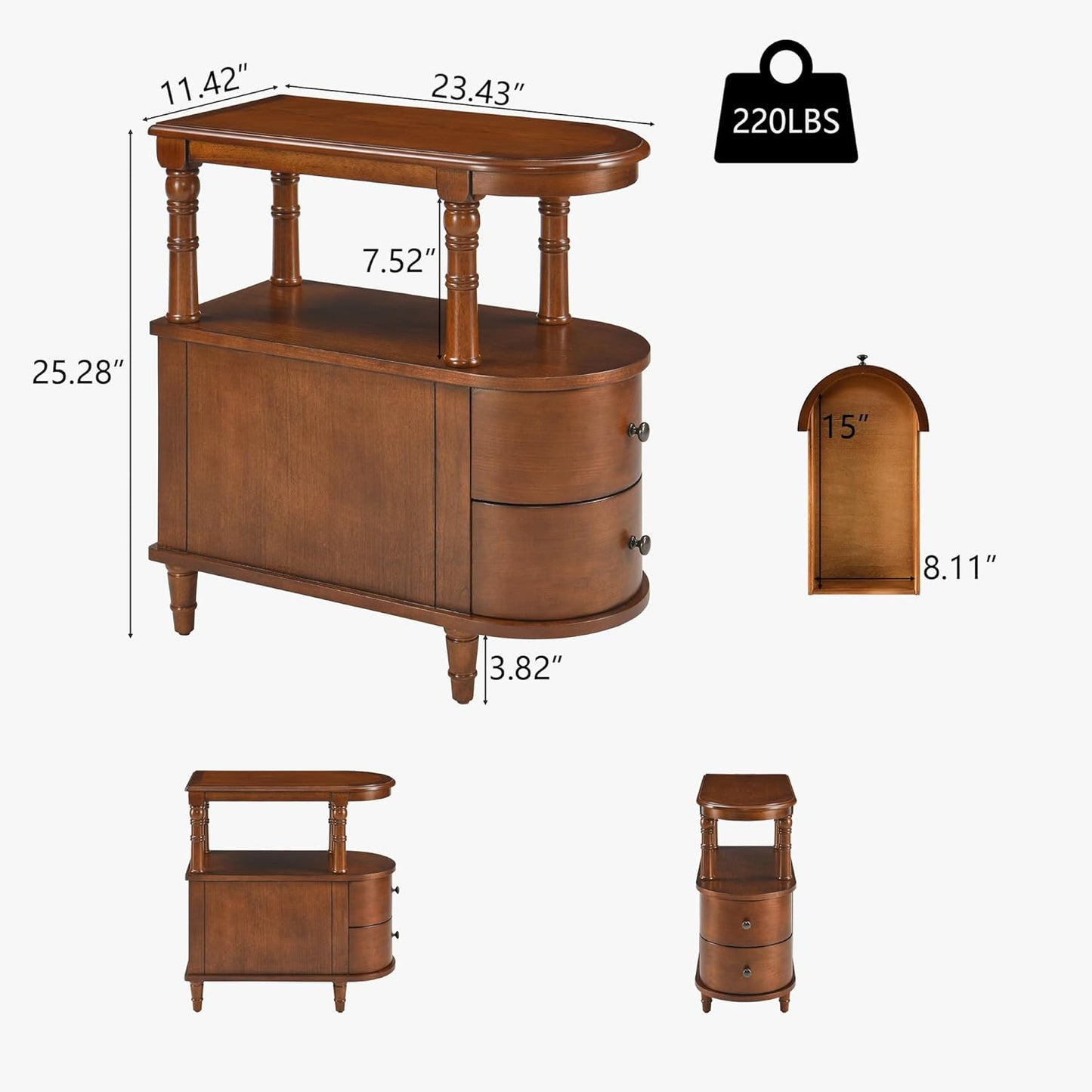 Wood End Table with 2 Drawers and Storage Shelf, Narrow Sofa Side Table for Living Room, Vintage Slim Nightstand Bedside Table for Bedroom, Slim Chair Side Table Cherry Brown BG-A508-MG