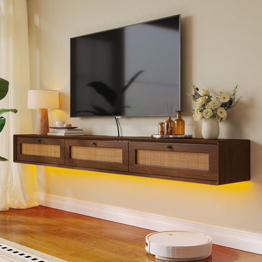 Fully-Assembled Floating TV Stand with 3 Rattan Doors, Rustic Floating Entertainment Center Under TV Shelf, Modern Large Storage Wall Mounted Media Console for Living Room Bedroom 47IN