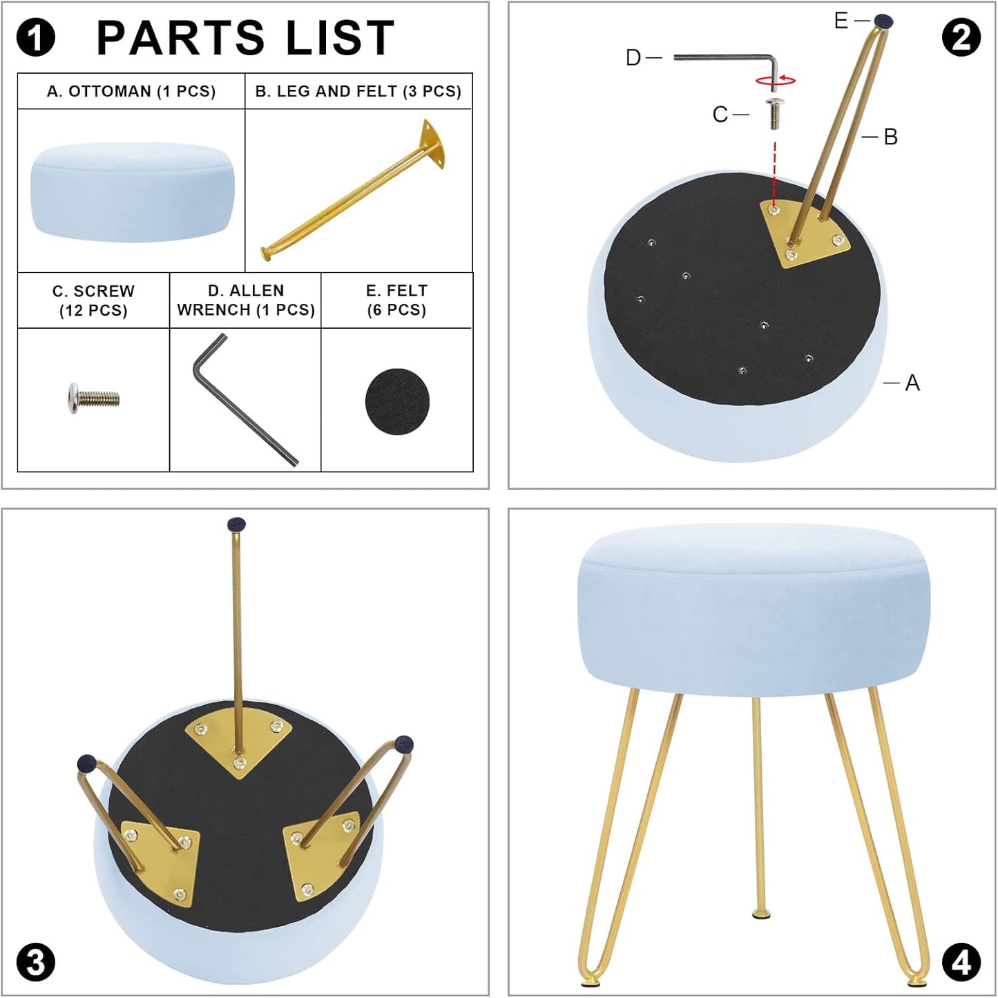 GERANT Multifunctional Vanity Stool - Velvet Footrest Stool-Upholstered Chair Stool -Ottoman Round Modern Dressing Chair - Side Coffee Table Seat with Golden Metal Leg for Living Room (Light Blue)