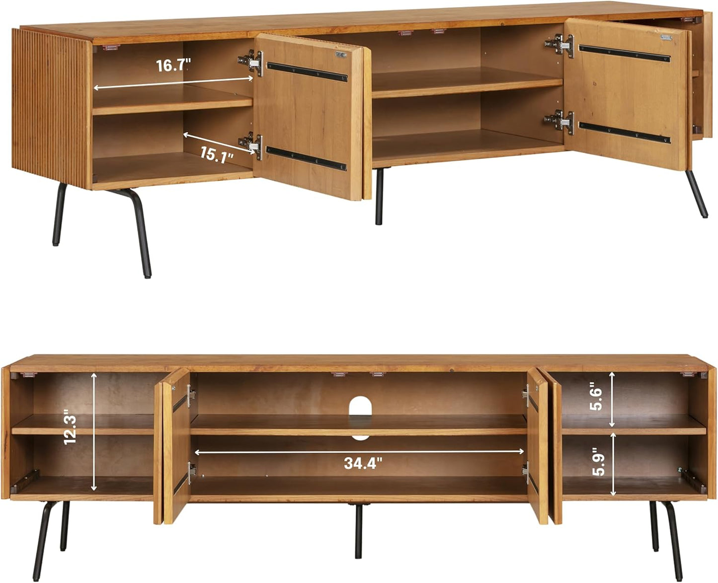 NTC Veil TV Stand with 4 Doors for TVs up to 75’’, Media Console with Vertical Groove Design and Metal Legs, Modern Entertainment Center for Living Room and Bedroom, Effortless Assembly, Teak Look