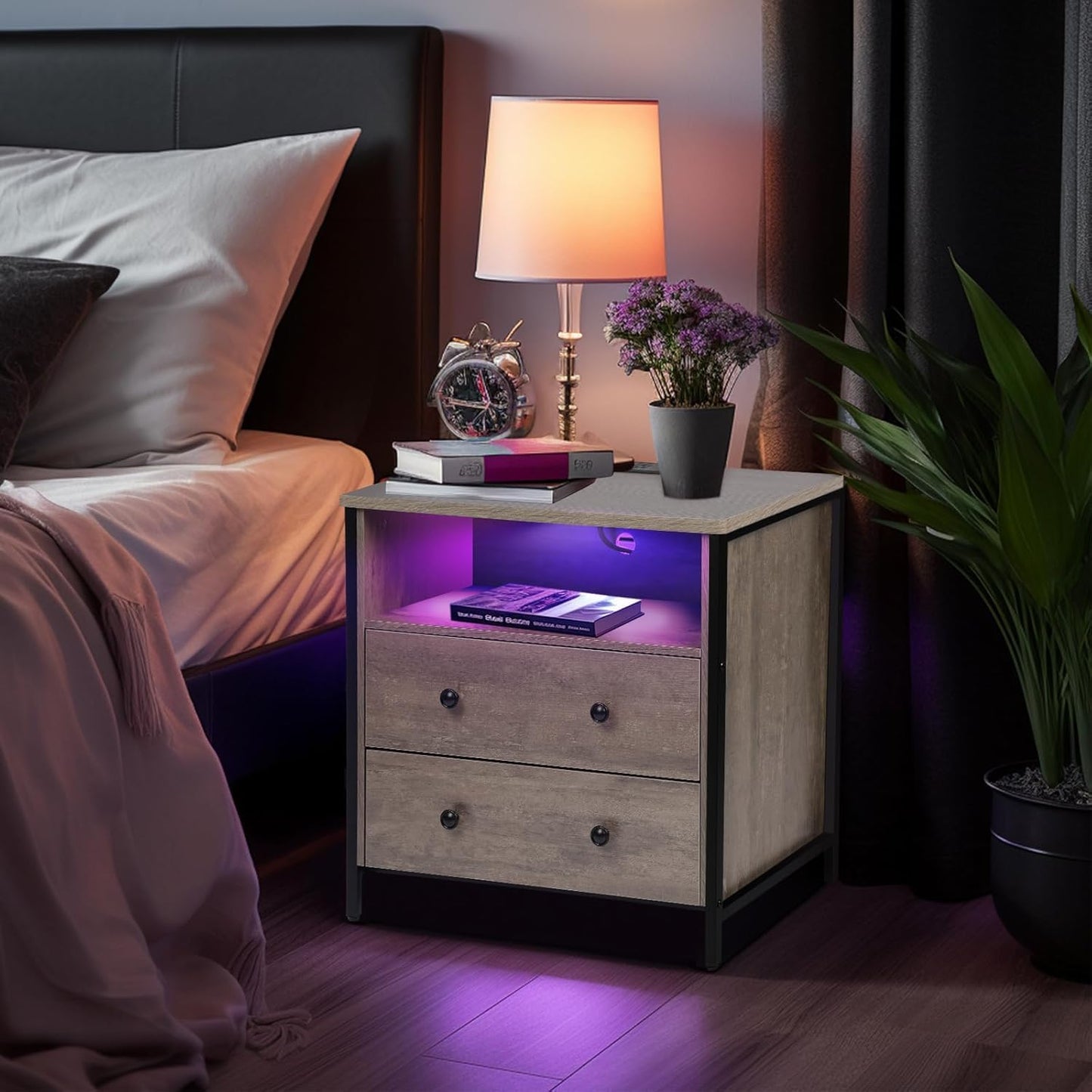 27 Inch Wide Night Stand, Lrage Wood Night Stand Set 2 with 2 Drawers, LED Nightstand with Charging Station and Adjustable Drawer, Bedside Table for Living Room/Bedroom/Study/Office, Gray.