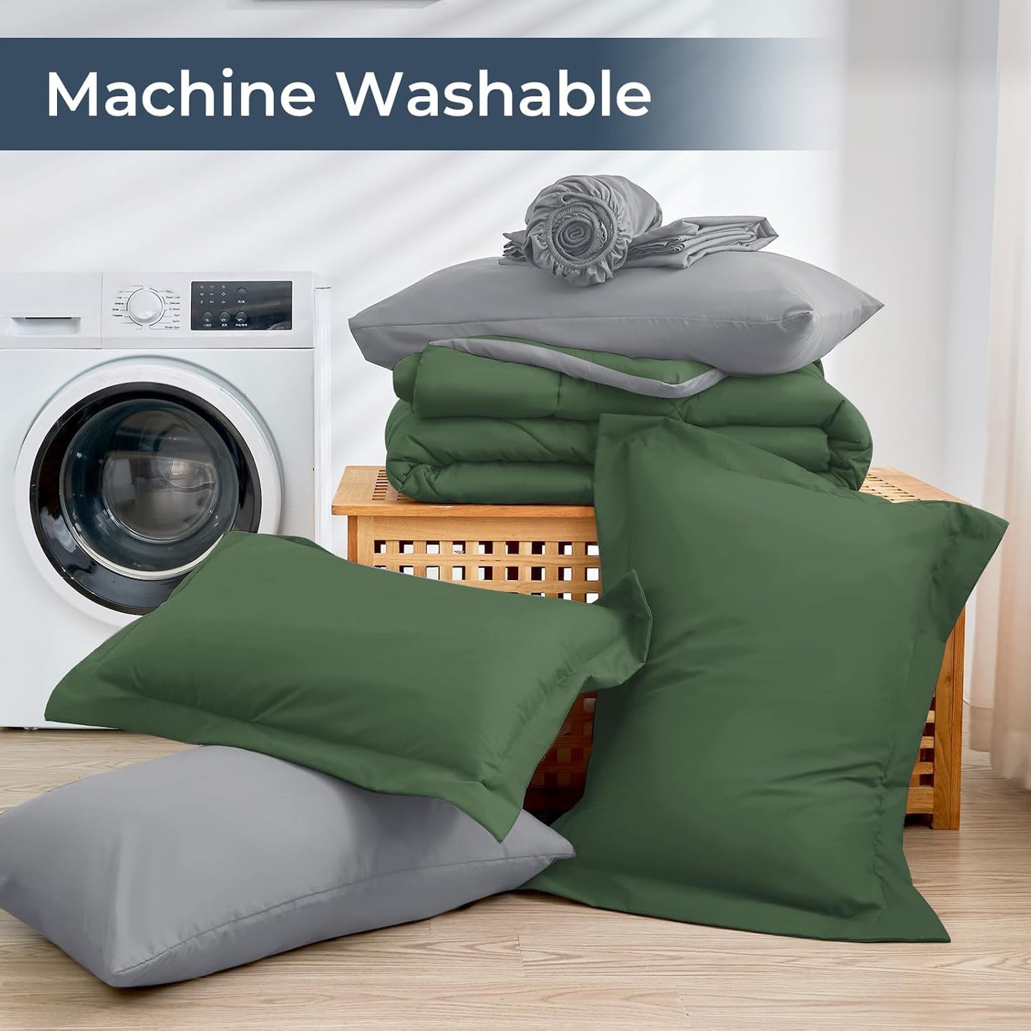 HEVUMYI Queen Comforter Set - 7-Piece All Season Bed in a Bag Queen, Ultra Soft Bedding Set with Comforter, Flat Sheet, Fitted Sheet, Pillowcases, Pillow Shams, Green & Light Grey