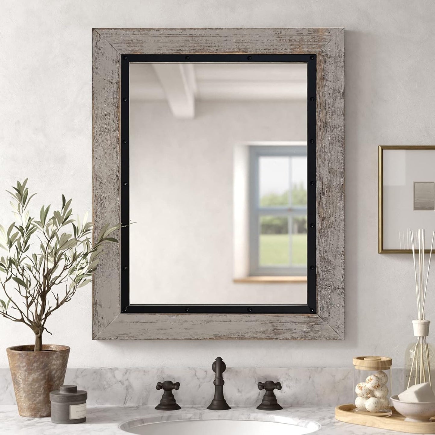 YOSHOOT Rustic Wooden Framed Wall Mirror, 30"x20", Natural Wood and Iron Bathroom Vanity Mirror for Farmhouse Decor, Vertical or Horizontal Hanging