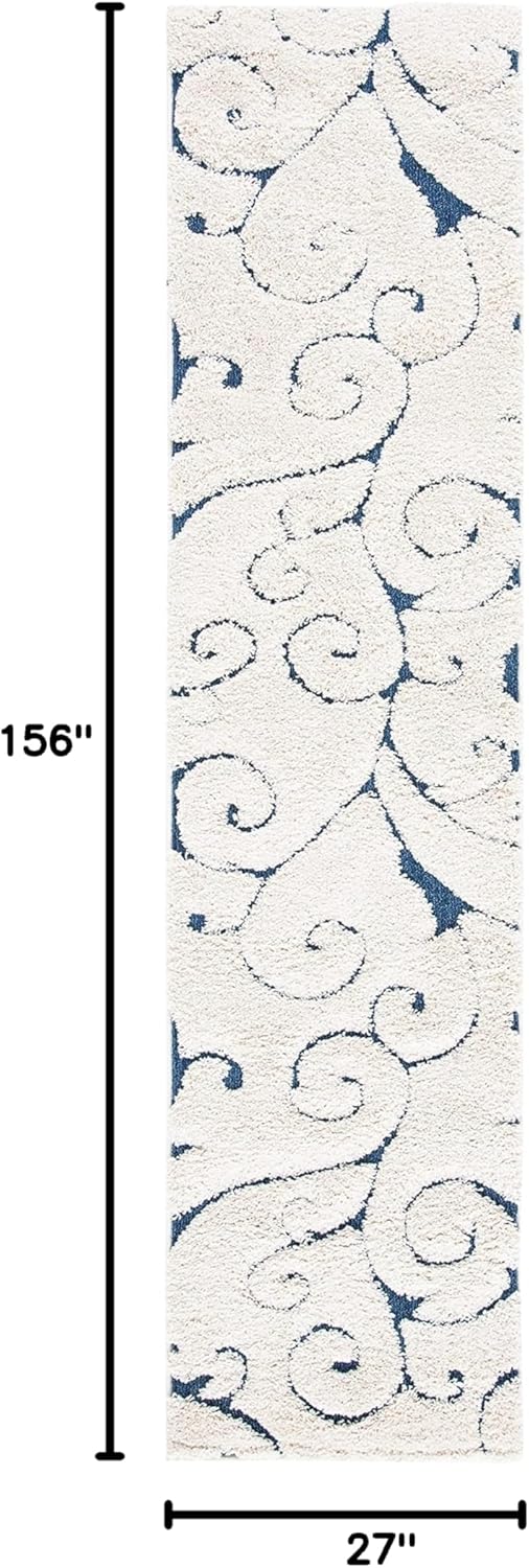 SAFAVIEH Florida Shag Collection Runner Rug - 2'3" x 13', Cream & Blue, Scroll Design, Non-Shedding & Easy Care, 1.2-inch Thick Ideal for High Traffic Areas in Living Room, Bedroom (SG455-1165)