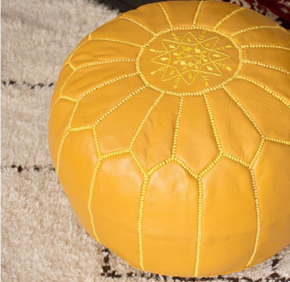 Stuffed Round Design Moroccan Leather Pouf Ottoman, Handmade, Pre-Filled, 100% Genuine Leather, 13” Height x 20” Diameter, Footstool & Living Room Décor (Mustard)