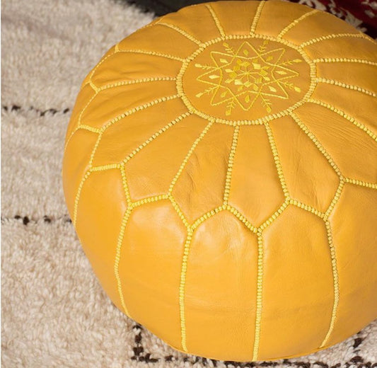 Stuffed Round Design Moroccan Leather Pouf Ottoman, Handmade, Pre-Filled, 100% Genuine Leather, 13” Height x 20” Diameter, Footstool & Living Room Décor (Mustard)