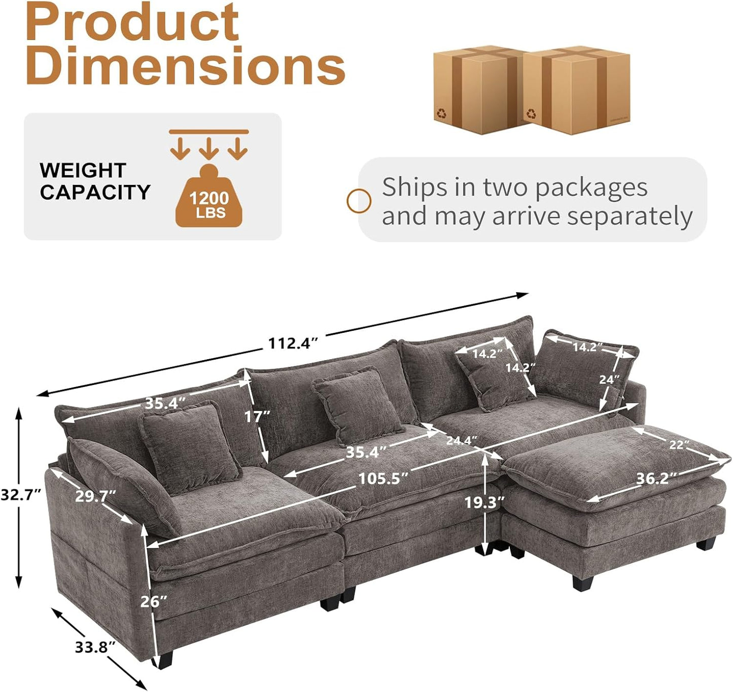 Furniliving 112‘’ L-Shaped Sofa, Luxury Chenille Modular Sectional Couches with Ottoman, Upholstered Deep Seat Sleeper Sofa with Memory Foam and Waist Pillows, Grey
