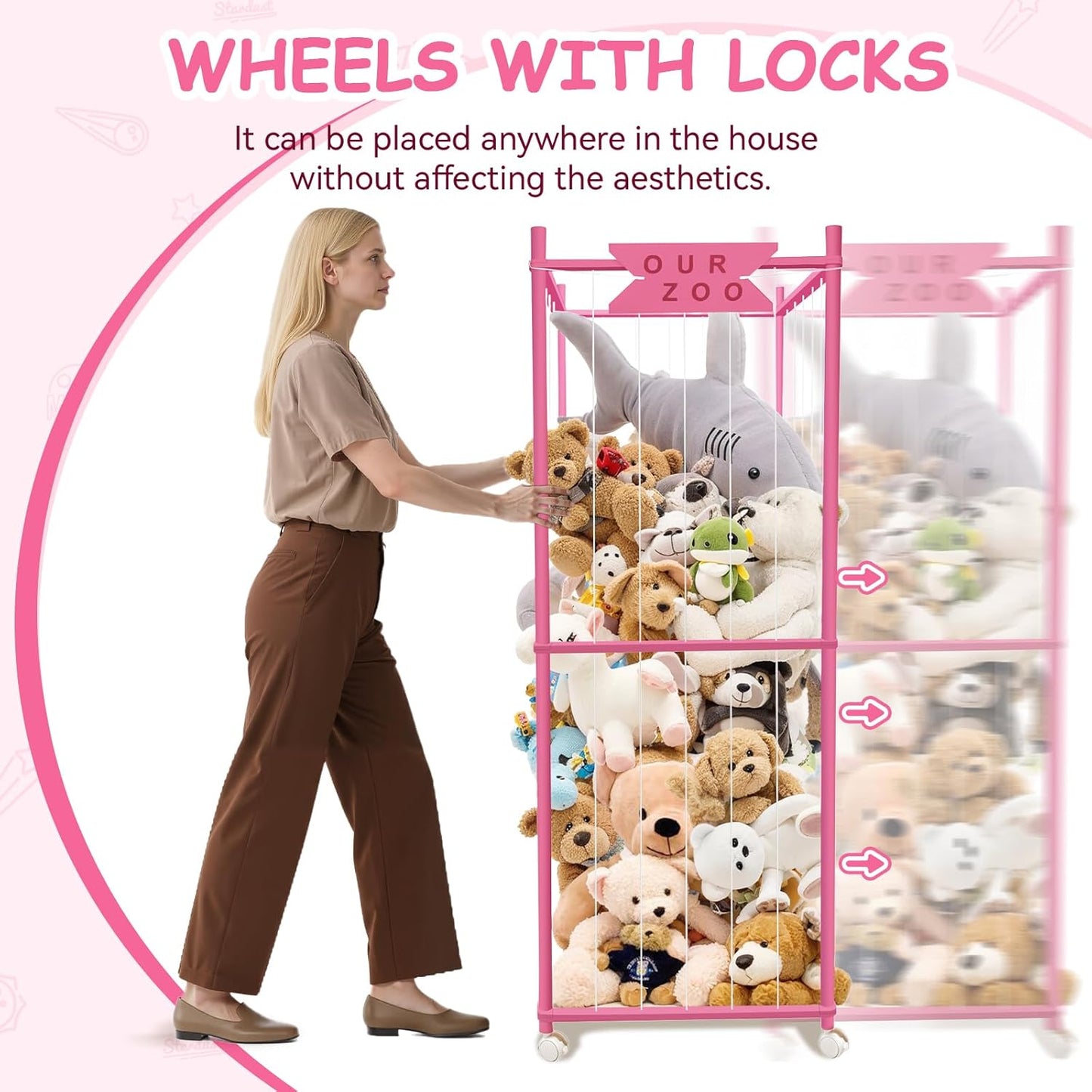 Stuffed Animal Storage Zoo with Wheels, Wooden Large Stuff Animals Plushies Holder Toy Organizer Kids Plush Storage Cage with Elastic Band and Net for Nursery Playroom Corner for Toddler (Hot Pink)