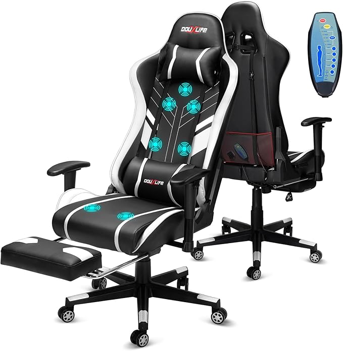 Douxlife 7-Point Massage Gaming Chair, 175° Gaming Recliner with Footrest Ergonomic Computer Office Chair High Back Video Game Chair with Lumbar Support, Upgraded Version Black and White