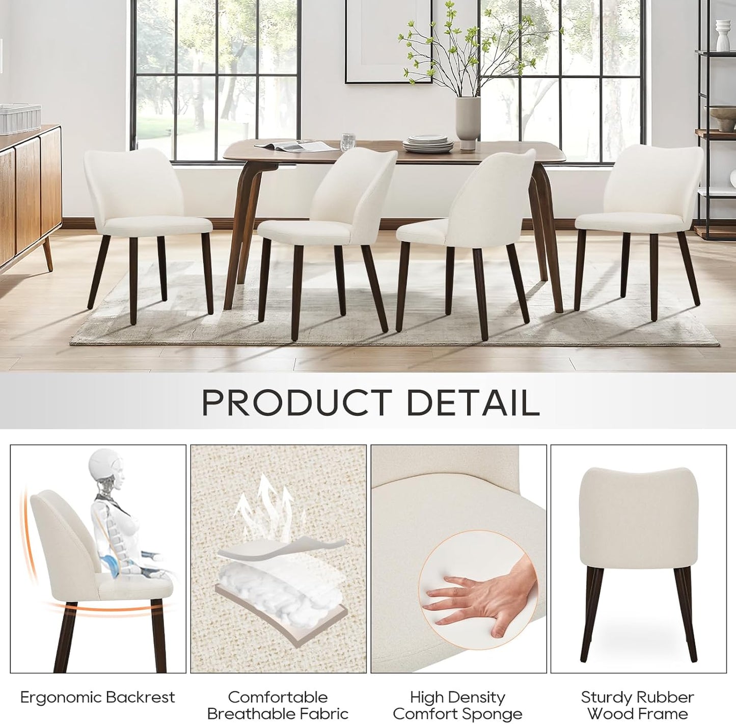 COLAMY Upholstered Dining Chairs Set of 6, Modern Fabric Dining Room Kitchen Side Chair with Padded Seat and Wood Legs for Restaurant/Cafe, Beige