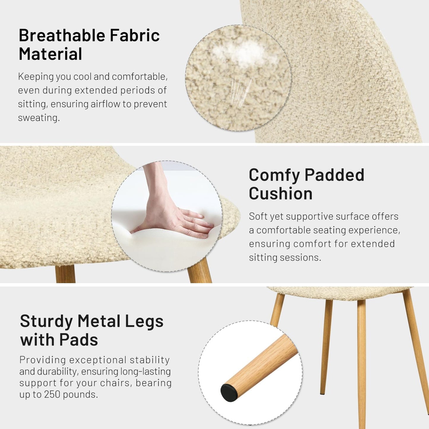FurnitureR Dining Chairs Set of 4, Upholstered Chenille Fabric Dining Room Seating with Sturdy Metal Legs, Armless Mid-Back Side Chairs for Kitchen, Living Room, Bedroom, Home Office, Beige Cream