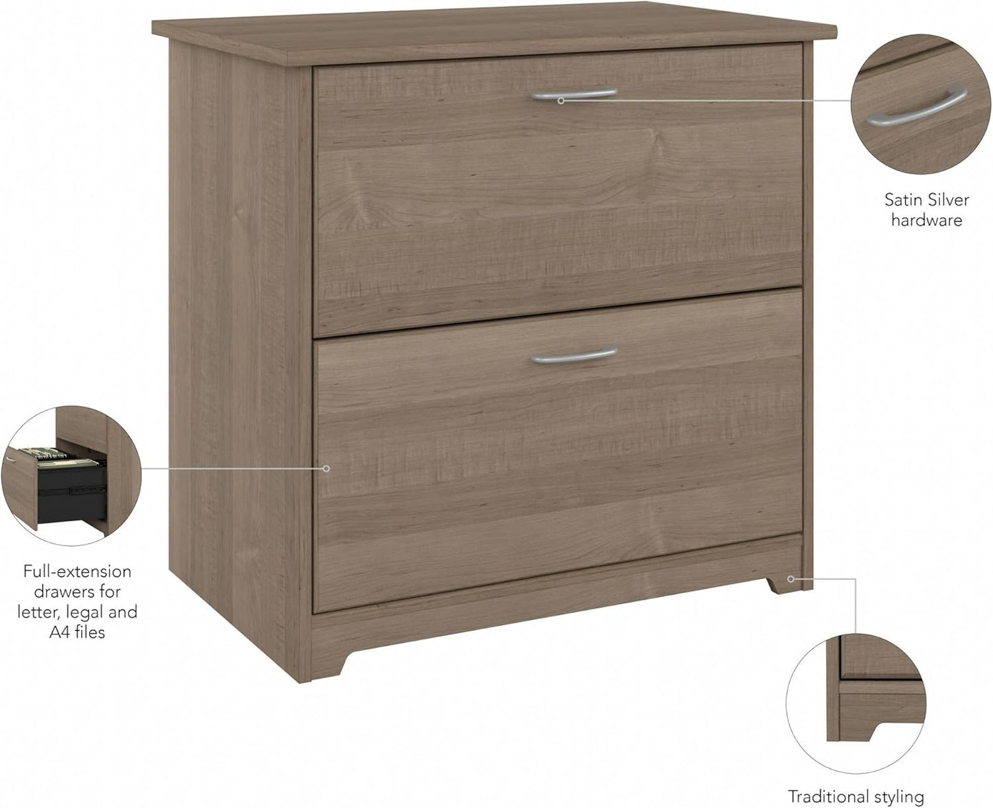 Bush Furniture Cabot 2 Drawer Lateral File Cabinet in Ash Gray, Home Office Chest for Letter, Legal, and A4-size Document Storage