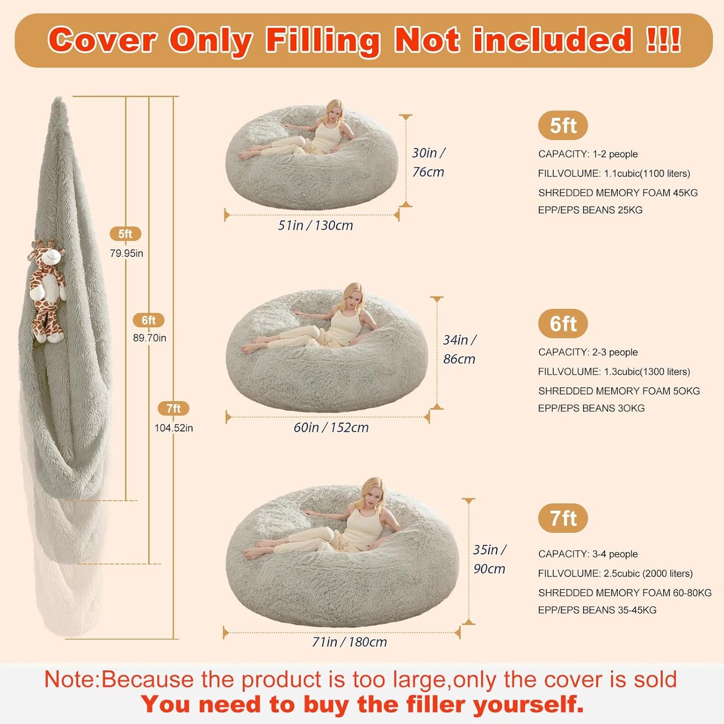 Bean Bag Covers Only, Fluffy Stuffed Beanbag Chair Covers No Filler, Washable Bean Bags Cover for Adults, Stuffed Animal Bean Bag Anti-Slip, 6FT, Light Grey