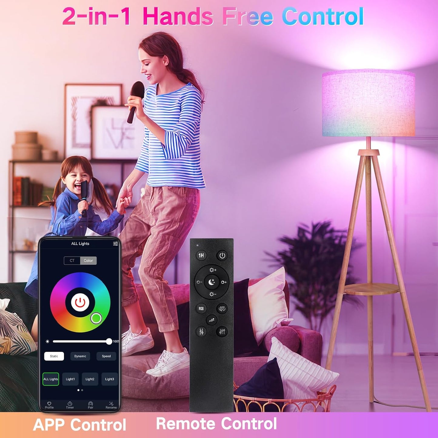 OUTON Tripod Floor Lamp with Shelves, Mid Century Dimmable Wood Floor Lamp with Remote Control, 4 Color Temperatures, Standing Tall Lamp with Linen Shade for Living Room, Bedroom, Office, Oak Hardwood