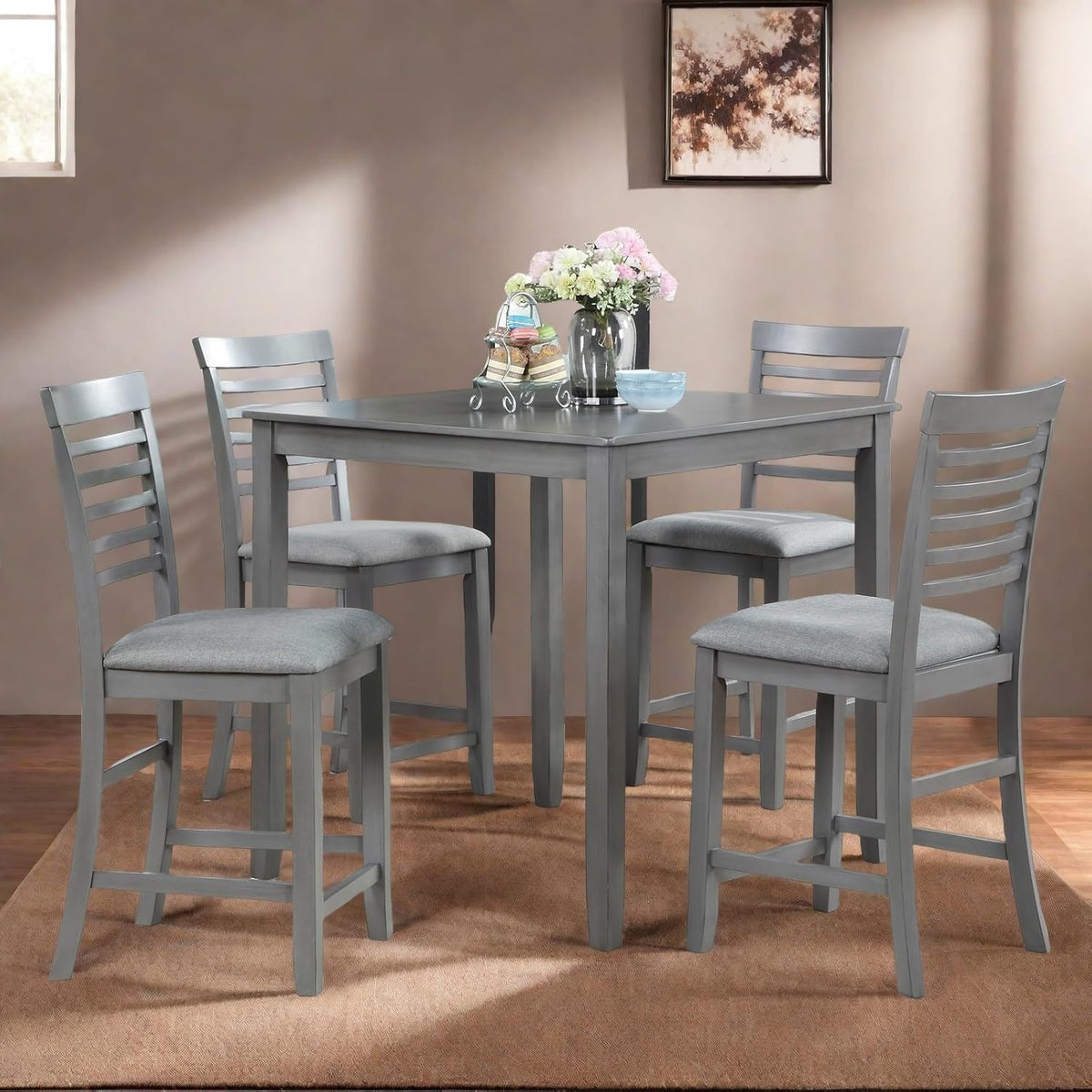 Dining Table Set for 4, Modern 5 Piece Dining Room Table Set with Square Table & 4 Ladder Backrest Upholstered Chairs, Counter Height Kitchen Chairs Set for Small Space, Gray